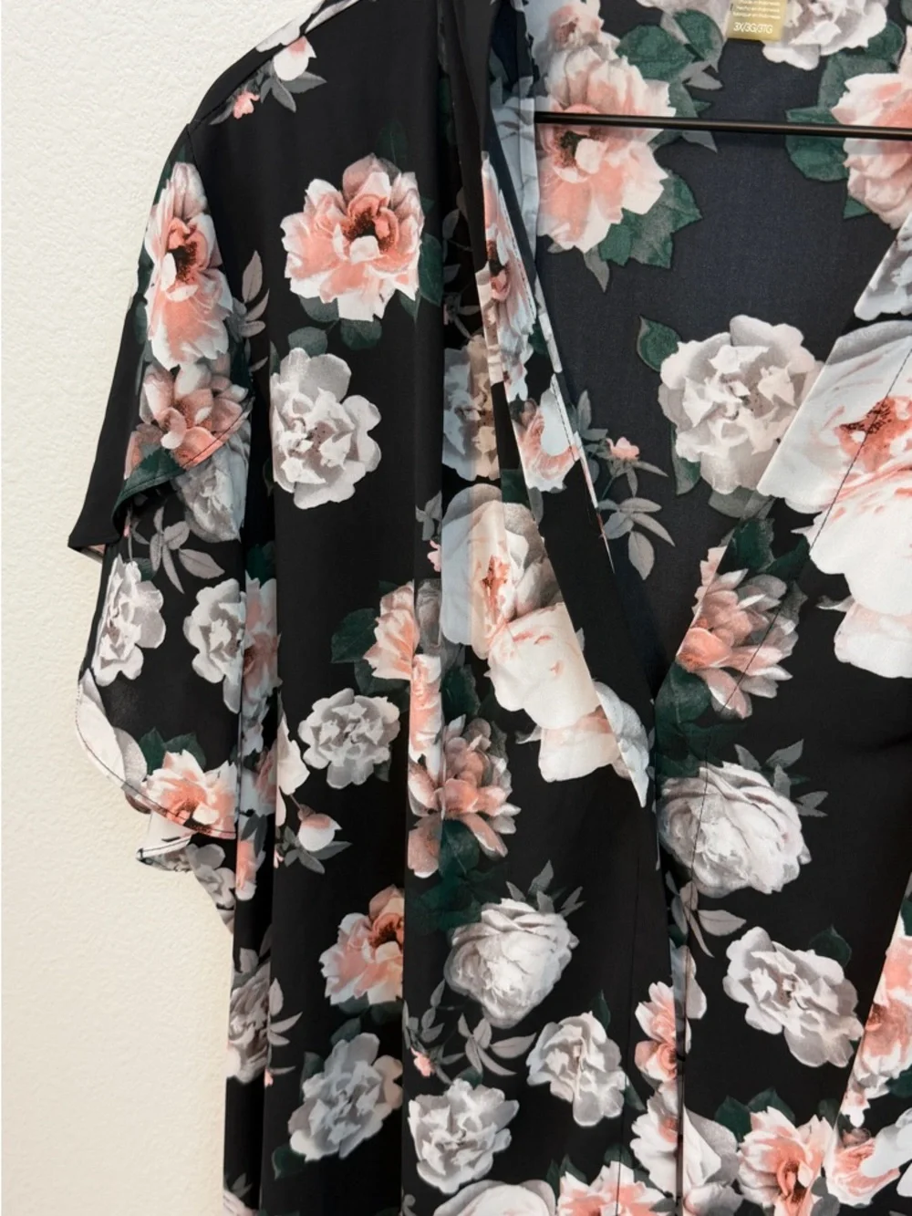 Calvin Klein Black Floral Wrap-Style Flutter Sleeve Blouse - Picture 2 of 9